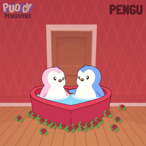 Two Penguins Bathing in Heart-Shaped Tub With Word Pengu