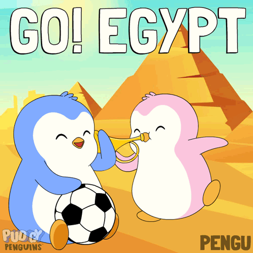 Two Penguins Blowing Horns In Front Of A Pyramid With The Text Go Egypt GIF