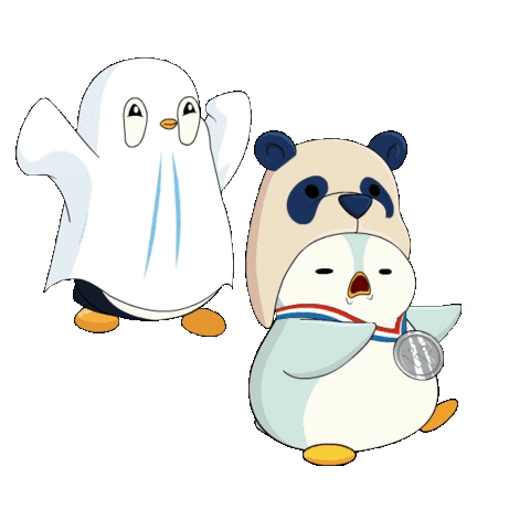 Two Penguins Dressed As Cute Ghost GIF
