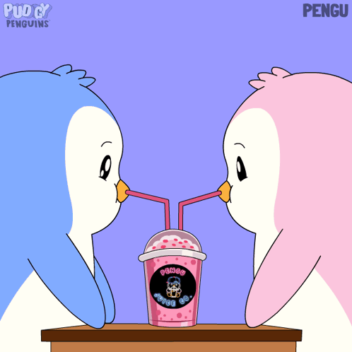Two Penguins Drinking Cup Saying Puddy Penguins