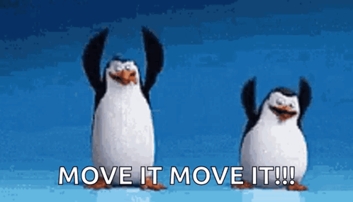 Two Penguins From Madagascar Are Dancing In The Air With The Words `` Move It Move It '' . GIF
