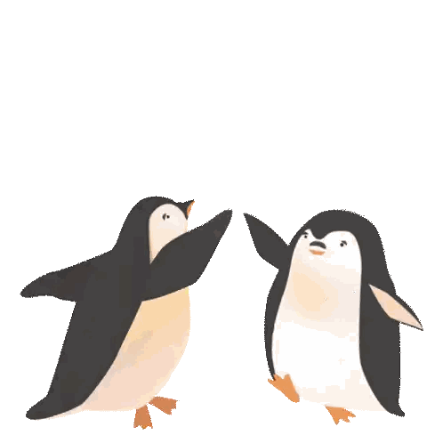 two penguins giving each other a high five in front of a sign that says team work dream work