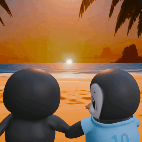 Two Penguins Holding Hands On A Beach With One Wearing A Shirt With The Number 10 On It GIF