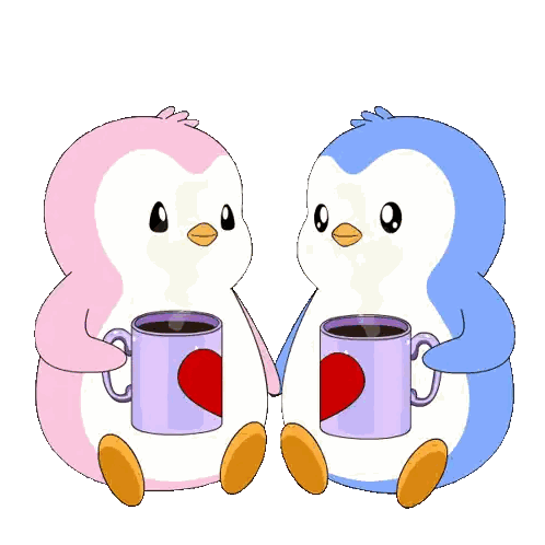 Two Penguins Holding Heart Coffee Cups