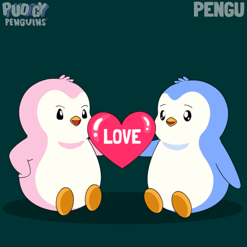 Two Penguins Holding Heart Saying Love GIF