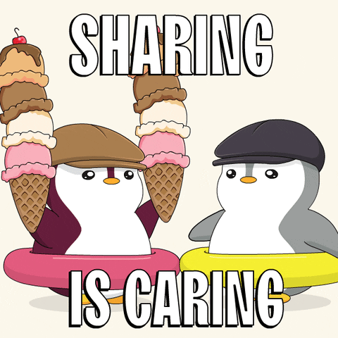 Two Penguins Holding Ice Cream Cones With The Words Sharing Is Caring Written Below Them GIF