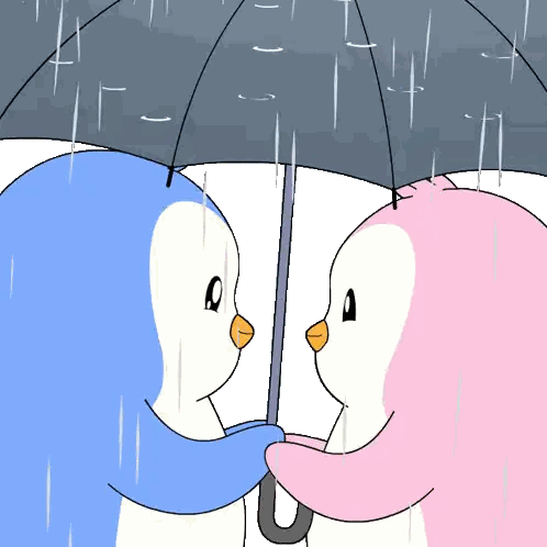 Two Penguins Holding Umbrellas