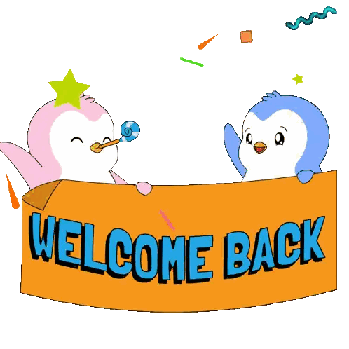 Two Penguins Holding Welcome Back Sign