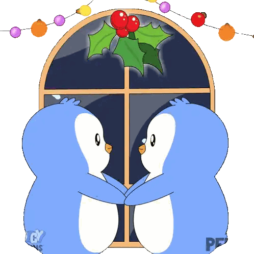 Two Penguins Hugging Christmas Decorations
