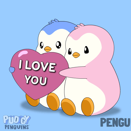 Two Penguins Hugging Each Other While Holding A Heart That Says I Love You GIF
