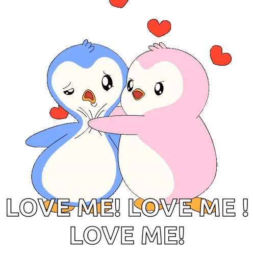 two penguins hugging each other with the words love me love me love me on the bottom