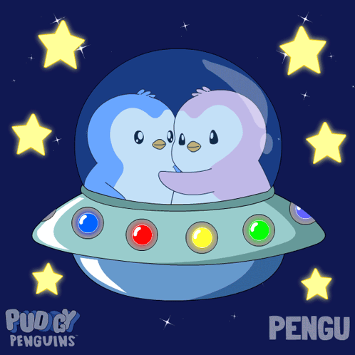 Two Penguins Hugging in Flying Saucer Named Pengu