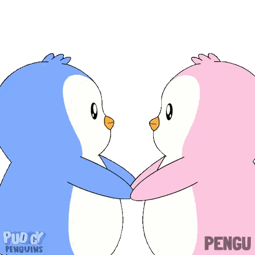 Two Penguins Hugging with Puddy Penguins