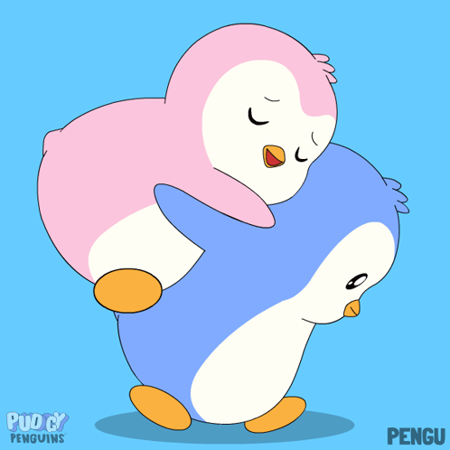 Two Penguins Hugging with Puddy Penguins