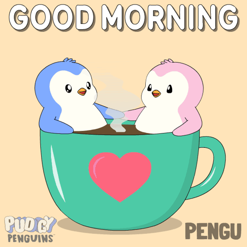 Two Penguins In Coffee Cup Good Morning GIF