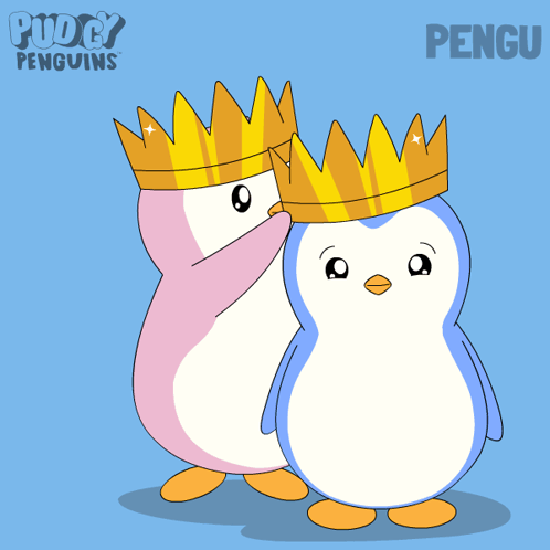 Two Penguins in Crowns With Pengu Text