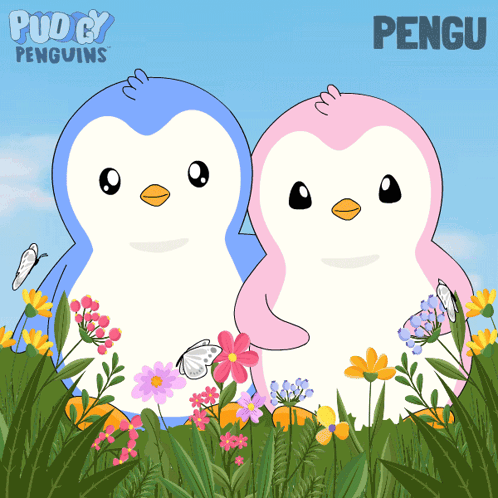 Two Penguins In Flowers With Pengu GIF