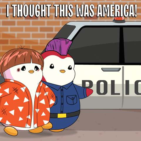 Two Penguins In Front Of Police Car Saying I Thought This Was America GIF
