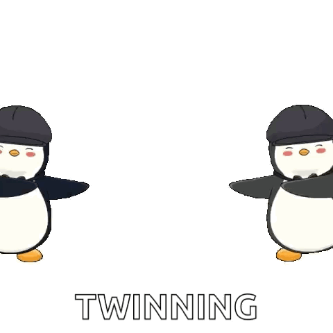 Two Penguins in Helmets Dancing Twinning