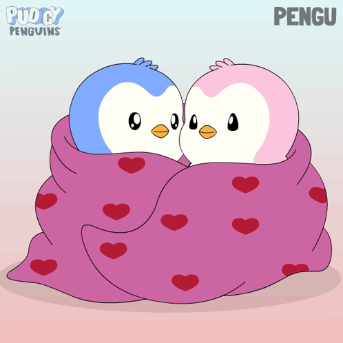 Two Penguins in Pink Blanket with Hearts and Pengu