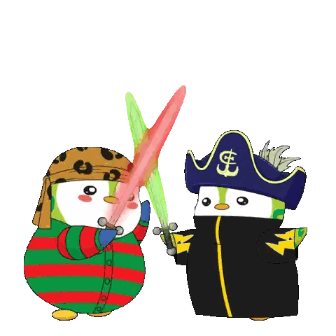 two penguins in pirate costumes are holding lightsabers in their hands