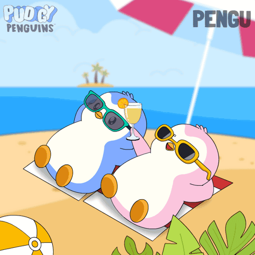 Two Penguins In Sunglasses On Beach With Penguin Text GIF