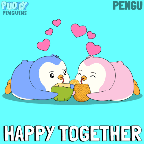 Two Penguins Kissing Holding Pineapples Happy Together