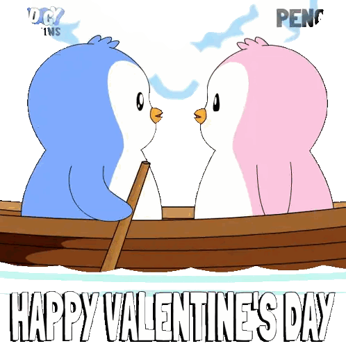 Two Penguins Kissing in Boat Happy Valentines Day