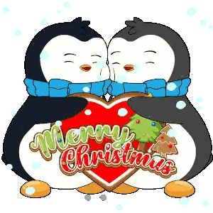 two penguins kissing while holding a merry christmas heart