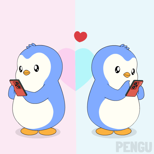Two Penguins Looking at Phones With Word Pengu