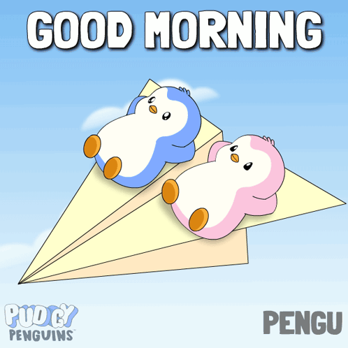 Two Penguins On Paper Airplane Saying Good Morning Penguins GIF