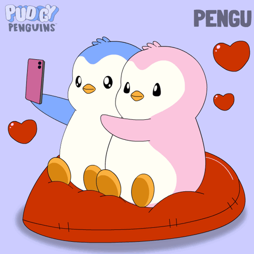 Two Penguins on Red Pillow One Taking Selfie