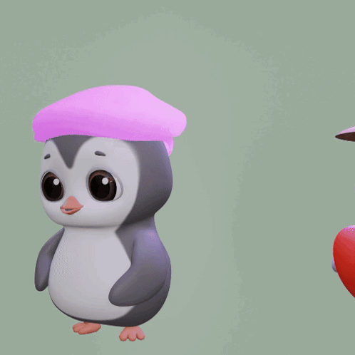 Two Penguins One Wearing A Pink Hat And One Holding A Heart GIF