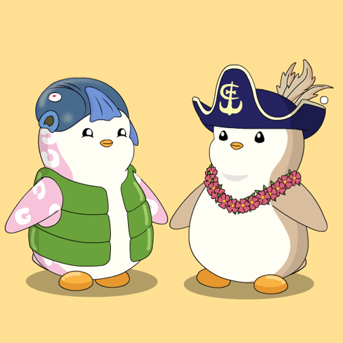Two Penguins One Wearing A Pirate Hat And The Other Wearing A Flower Lei GIF