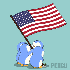 Two Penguins Raising American Flag