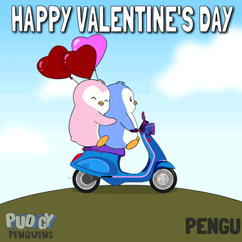 Two Penguins Riding A Scooter With Balloons And The Words Happy Valentine 'S Day On The Bottom GIF