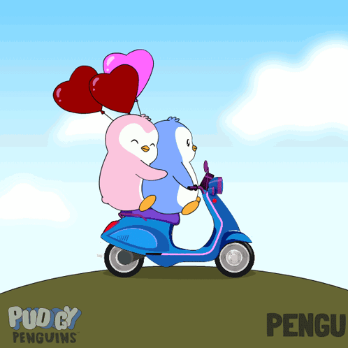 Two Penguins Riding Scooter Holding Balloons Saying Pengu