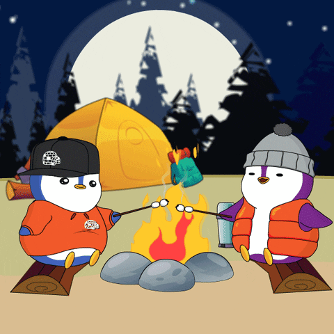 Two Penguins Roasting Marshmallows