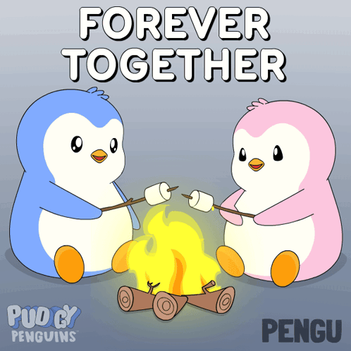 Two Penguins Roasting Marshmallows Over Campfire Forever Together