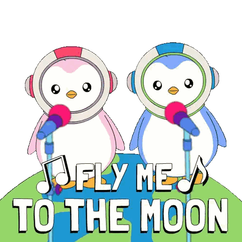 two penguins singing fly me to the moon with music notes
