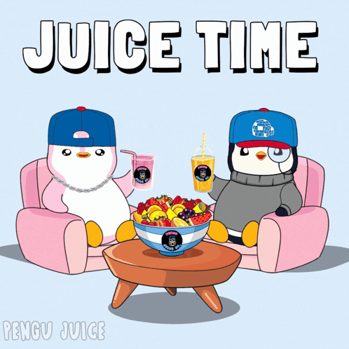 Two Penguins Sitting At Table With Bowl Of Fruit Saying Juice Time GIF