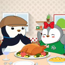 Two Penguins Sitting At Table With Turkey GIF