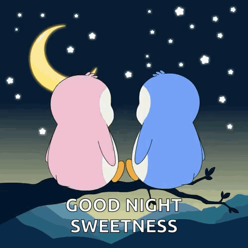 Two Penguins Sitting on Branch Saying Good Night Sweetness