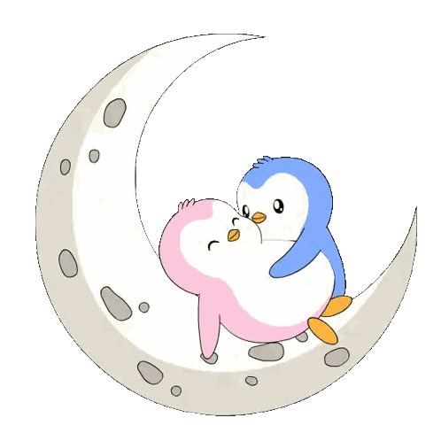 Two Penguins Sitting on Crescent Moon