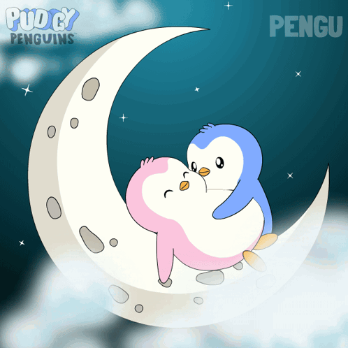 Two Penguins Sitting on Crescent Moon With Pengu