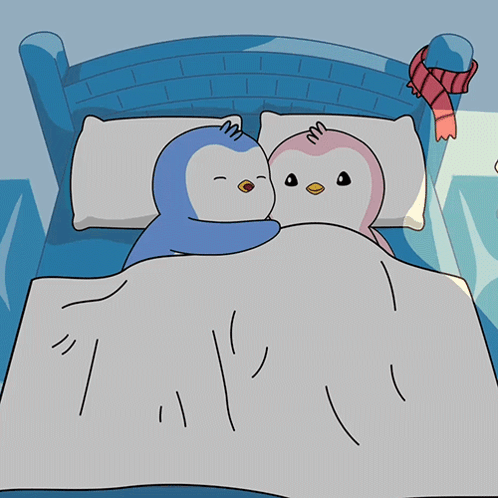Two Penguins Sleeping in Bed