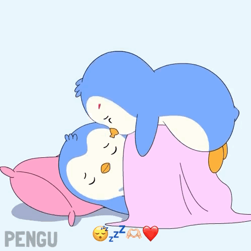 Two Penguins Sleeping Under Pink Blanket GIF