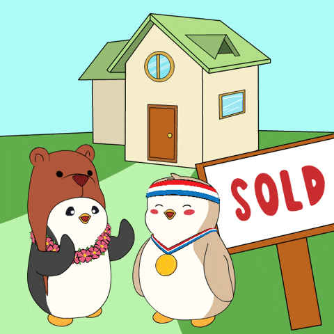 Two Penguins Standing Next To A Sold Sign GIF