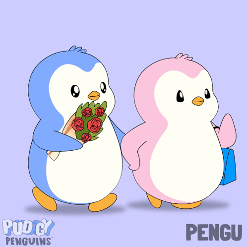 Two Penguins Standing Together With Pengu Word GIF