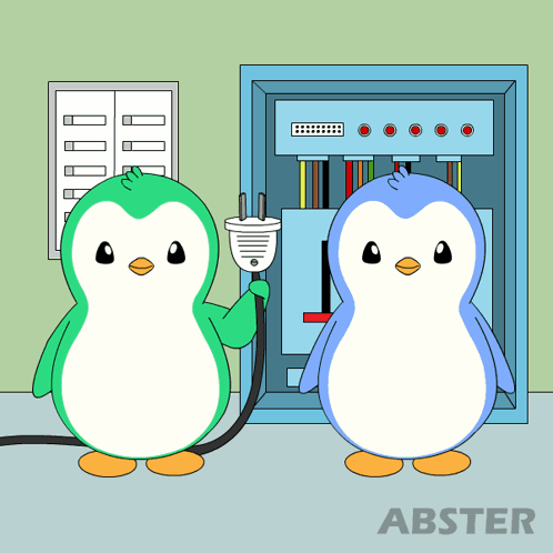 Two Penguins Standing With Abster Logo GIF